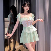 性感透视纯欲睡裙+白色吊袜甜美撩人内衣套装